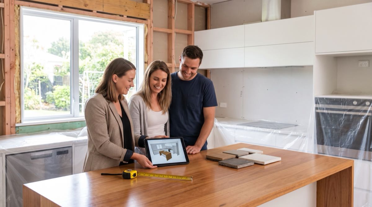 Kitchen design consultation with 3D plans