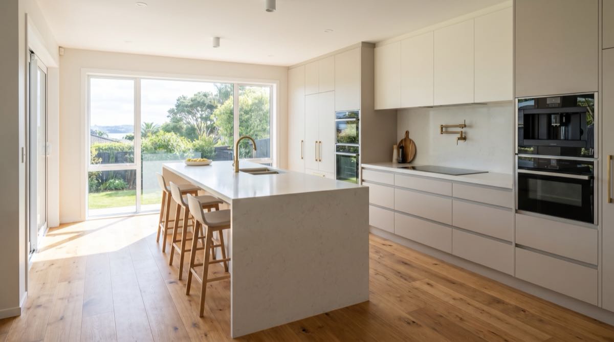 Modern Auckland kitchen renovation with waterfall island