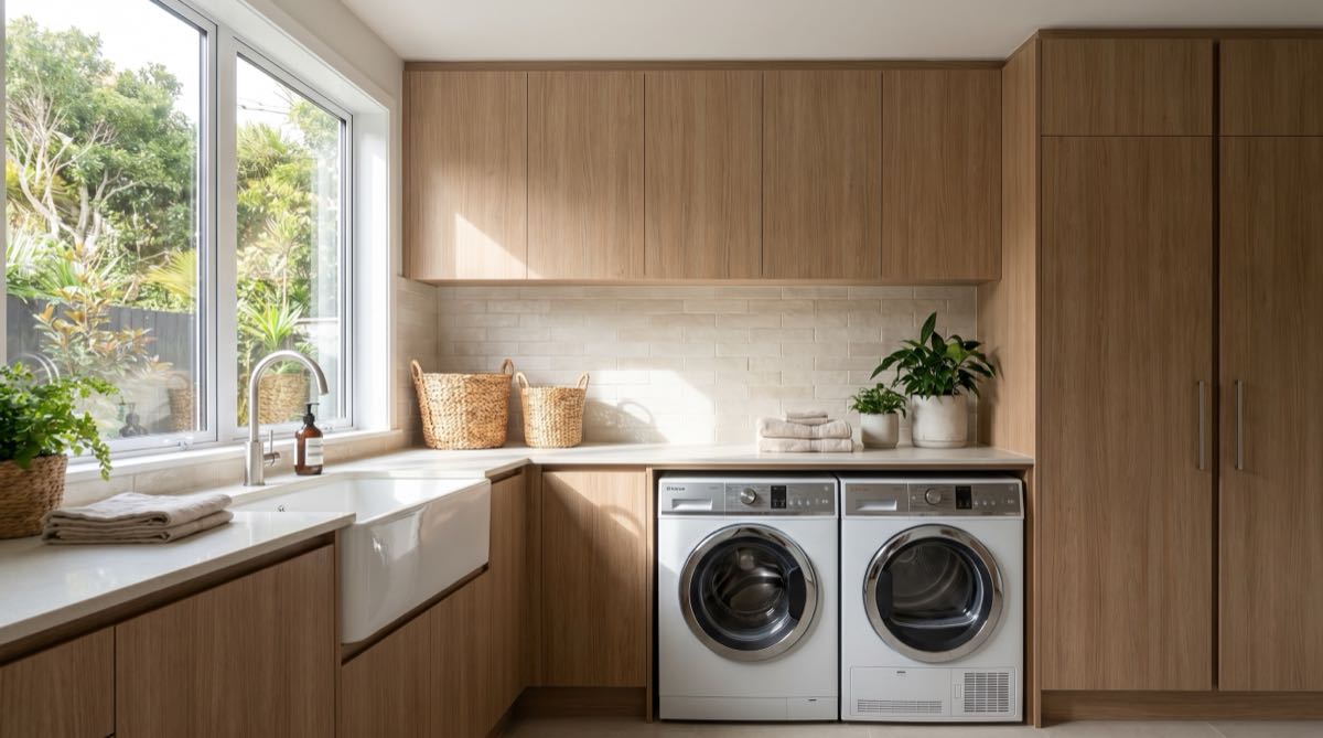 Modern laundry renovation with cabinetry and benchtop